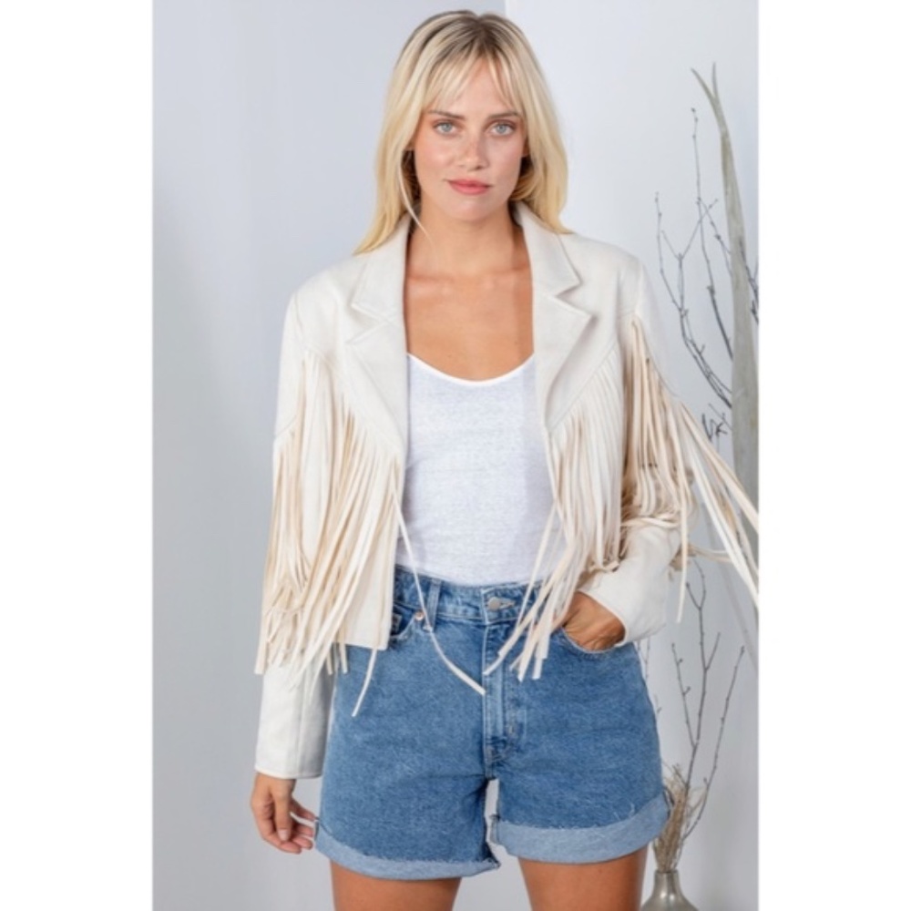 SOLD OUT Ivory Faux Leather Suede Fringe Cropped Western Boho Moto Jacket - Picture 3 of 9